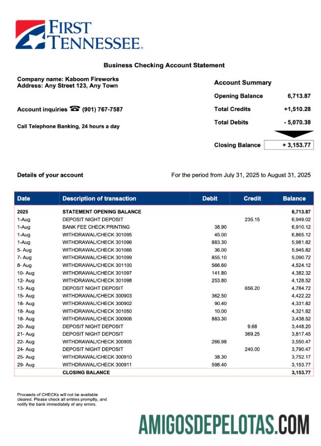 Em branco Extrato de conta corrente do US First Tennessee Business Modelo Word e PDF
